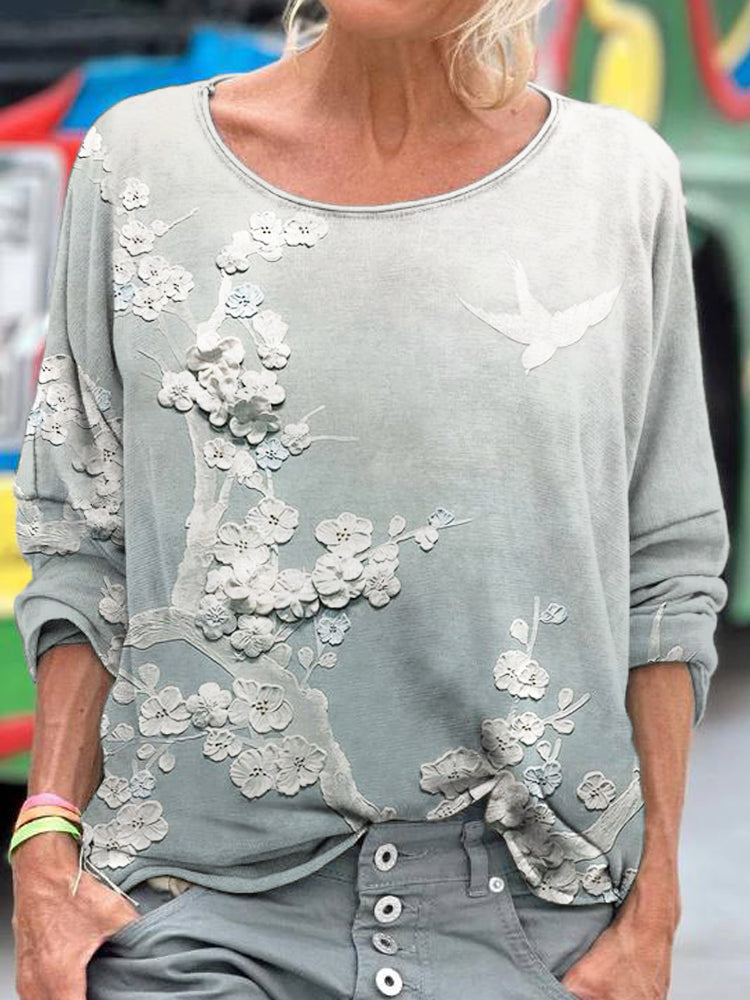 Comstylish Japanese Embossed Floral Pattern Women's Long Sleeve T-shirt