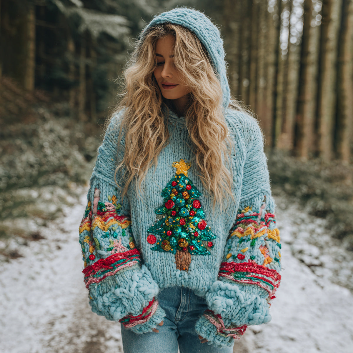 Women's Vintage Christmas Tree Pattern Cozy Knit Hooded Sweater artswardrobe