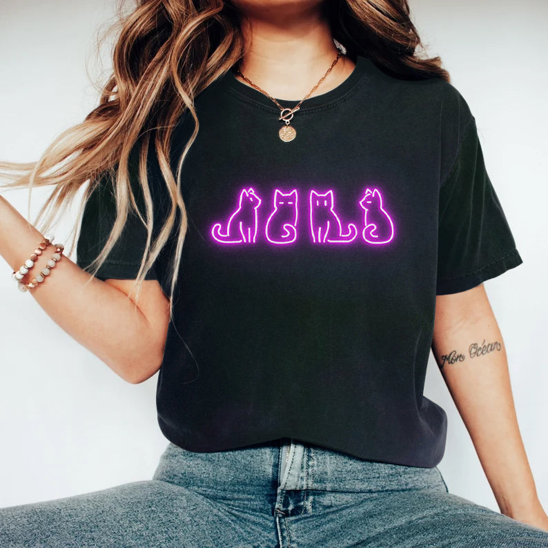 Vintage Shining Cat Print Casual T-Shirt elevenforest