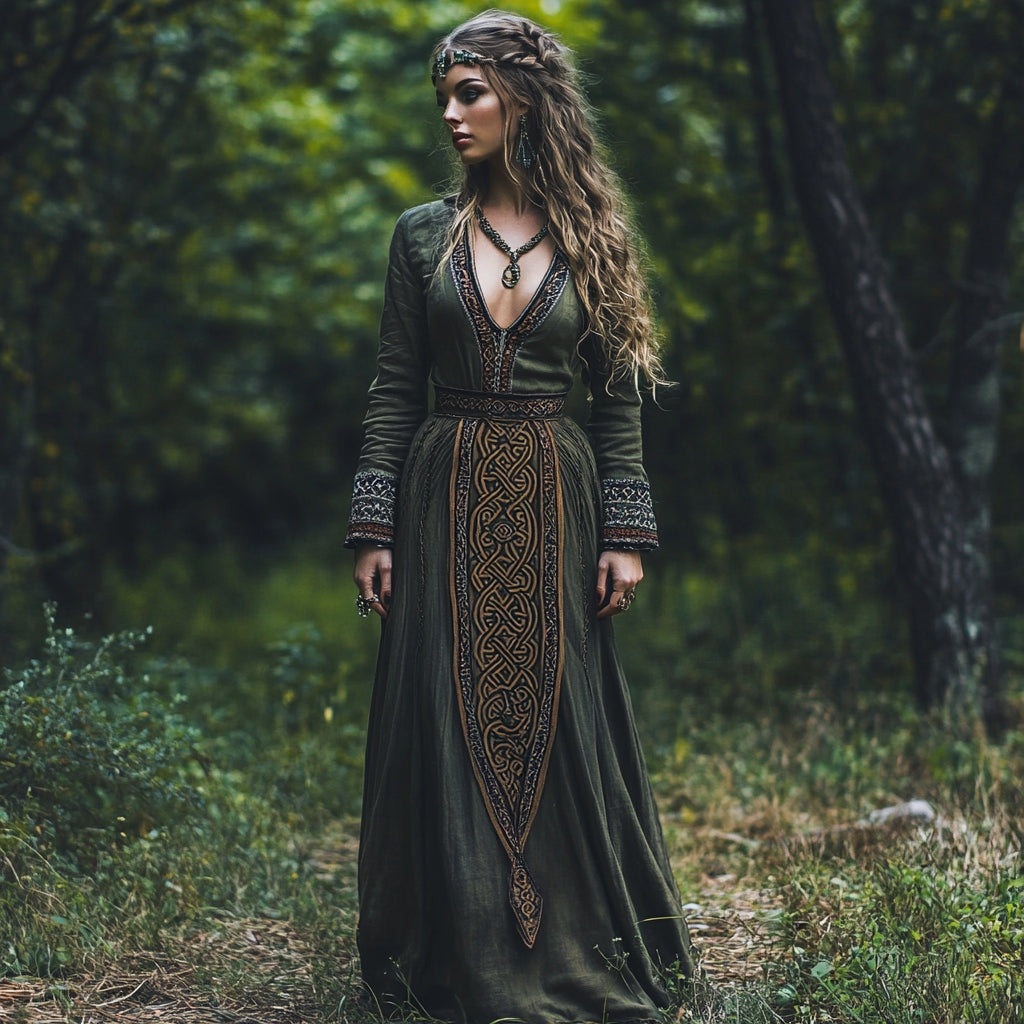 Vintage Celtic Knot V-neck Linen Blend Midi Dress artswardrobe