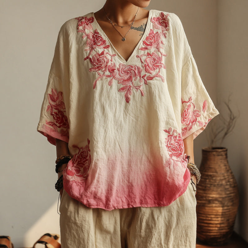 Comstylish Vintage Pink Rose Gradient Froal Pattern Art Linen Shirts