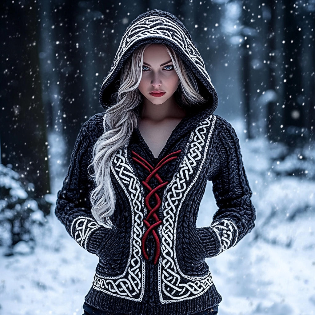 Women's Viking Celtic Knot Jacquard Knit Hooded Sweater artswardrobe
