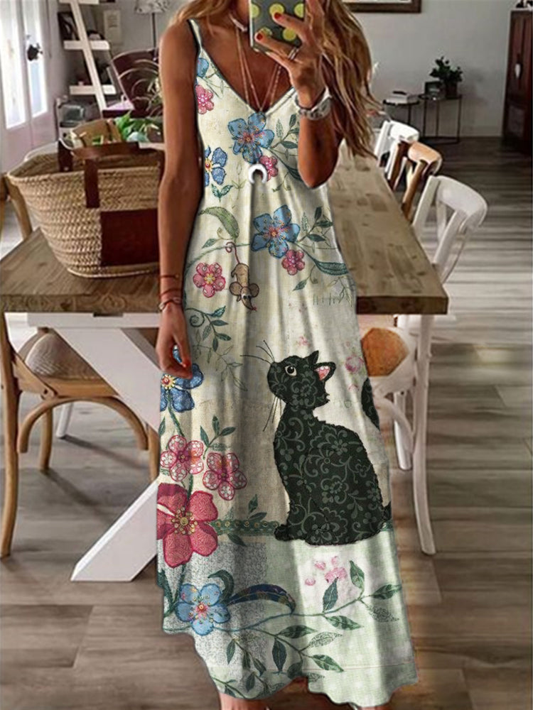 Cat in Nature Fiber Art V Neck Cami Maxi Dress elevenforest