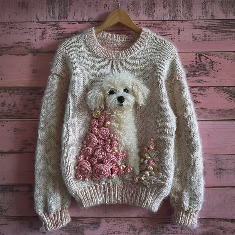 Comstylish Lovely Fuzzy Dog & Pink Roses Christmas Tree Cozy Knit Sweater