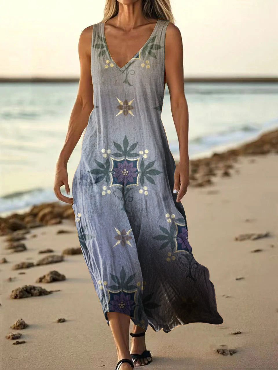 Women's Bohemian Floral Art Print Pocket Cotton Dress