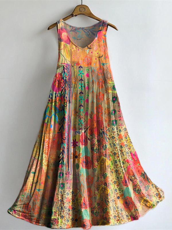 Women's Bohemian Watercolor Floral Art Pattern Print Sleeveless Cotton