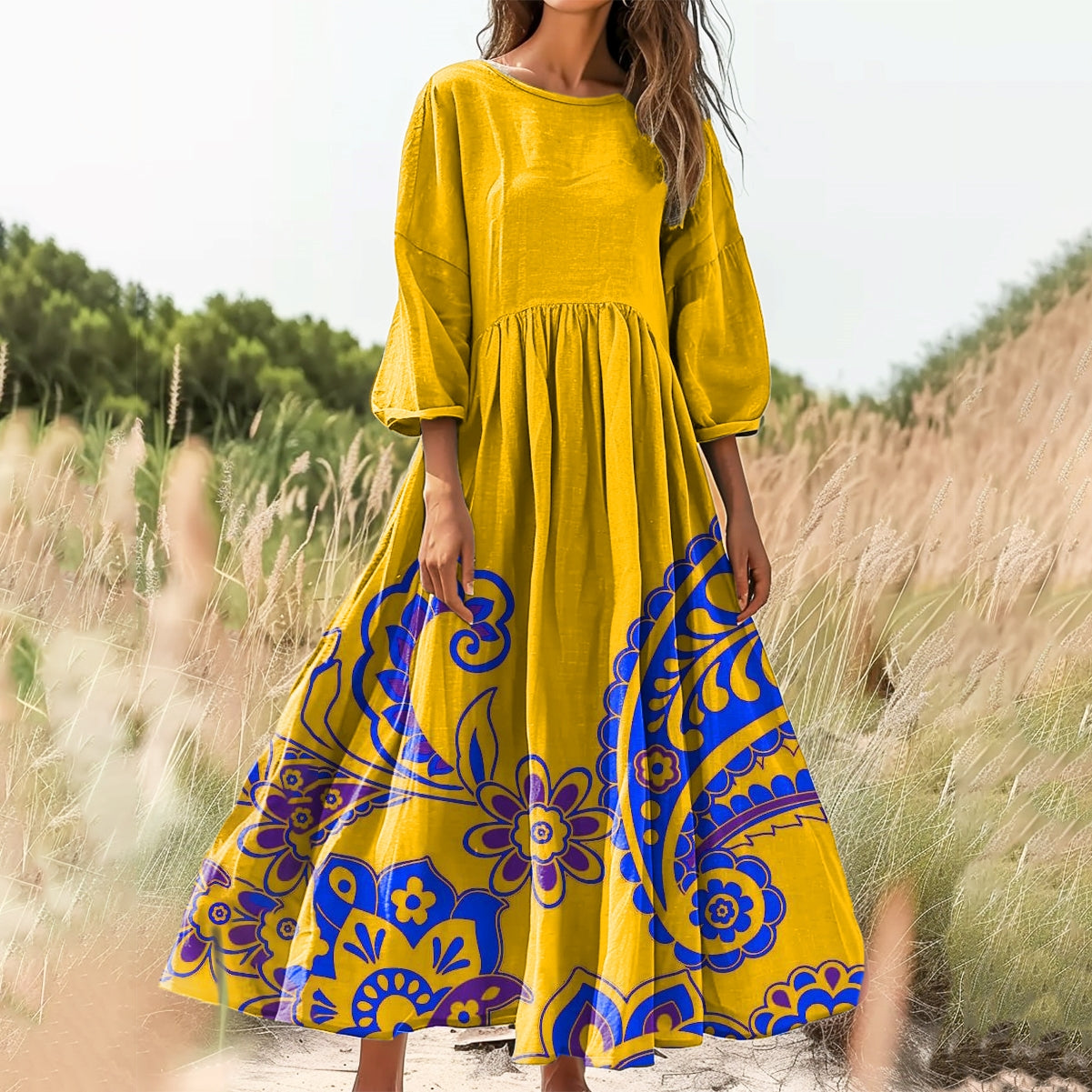 Women's Floral Art Print Cotton Crew Neck Dress