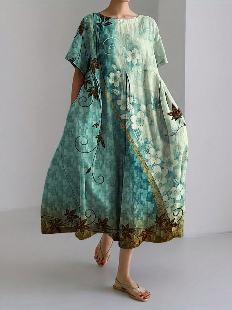 Comstylish Maple Leaves Floral Japanese Pattern Linen Blend Maxi Dress