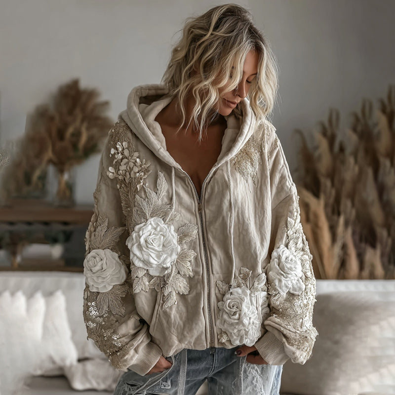 Comstylish Women's Vintage White Rose Embroidery Cozy Warm Zipper Hoodie