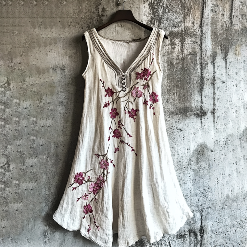 Comstylish Vintage Cherry Blossom Floral Art Comfy Tank Dress