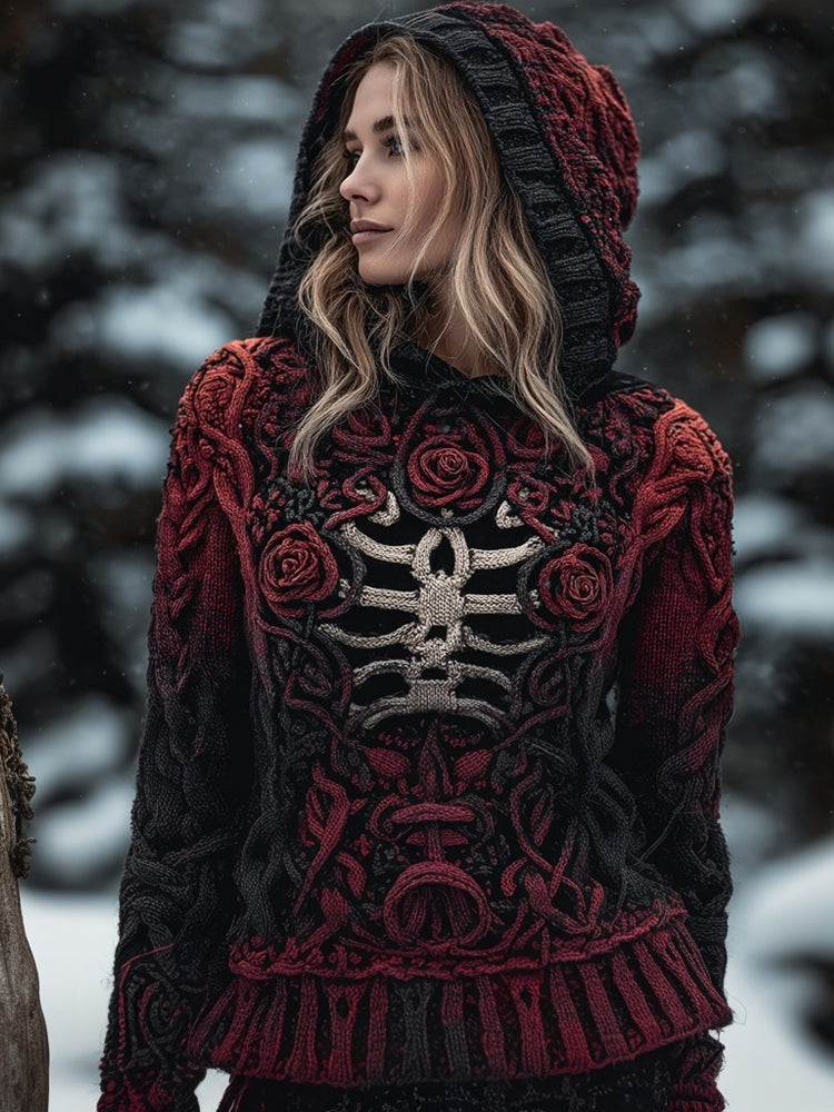 Comstylish Vintage Bones & Roses Chunky Cozy Knit Hooded Sweater