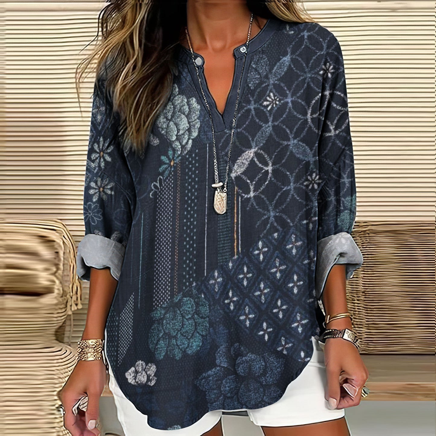 Comstylish Vintage Japanese Indigo Blooming Traditional Sashiko Pattern Women's Linen V-Neck Shirt