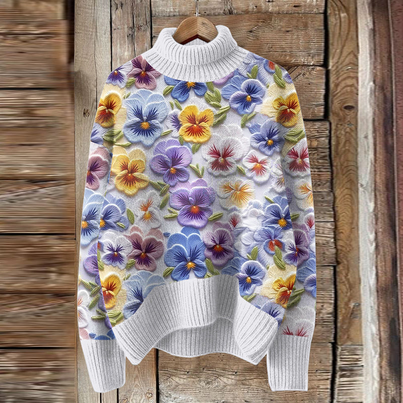Vintage Purple Floral Art Knit Turtleneck Pullover Sweater artswardrobe