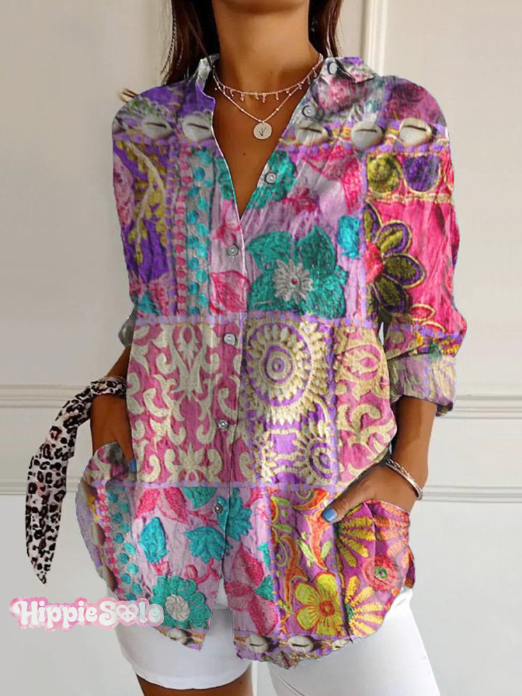 Women's Retro Fantasy Tribal Style Patchwork Print Casual Cotton Shirt