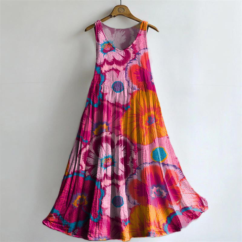 Women's Floral Art Print Round Neck Sleeveless Cotton Pocket Dresses