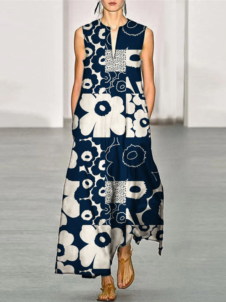 Comstylish Elegant Color Clash Floral Patchwork Women's V-neck Vest Maxi Dress