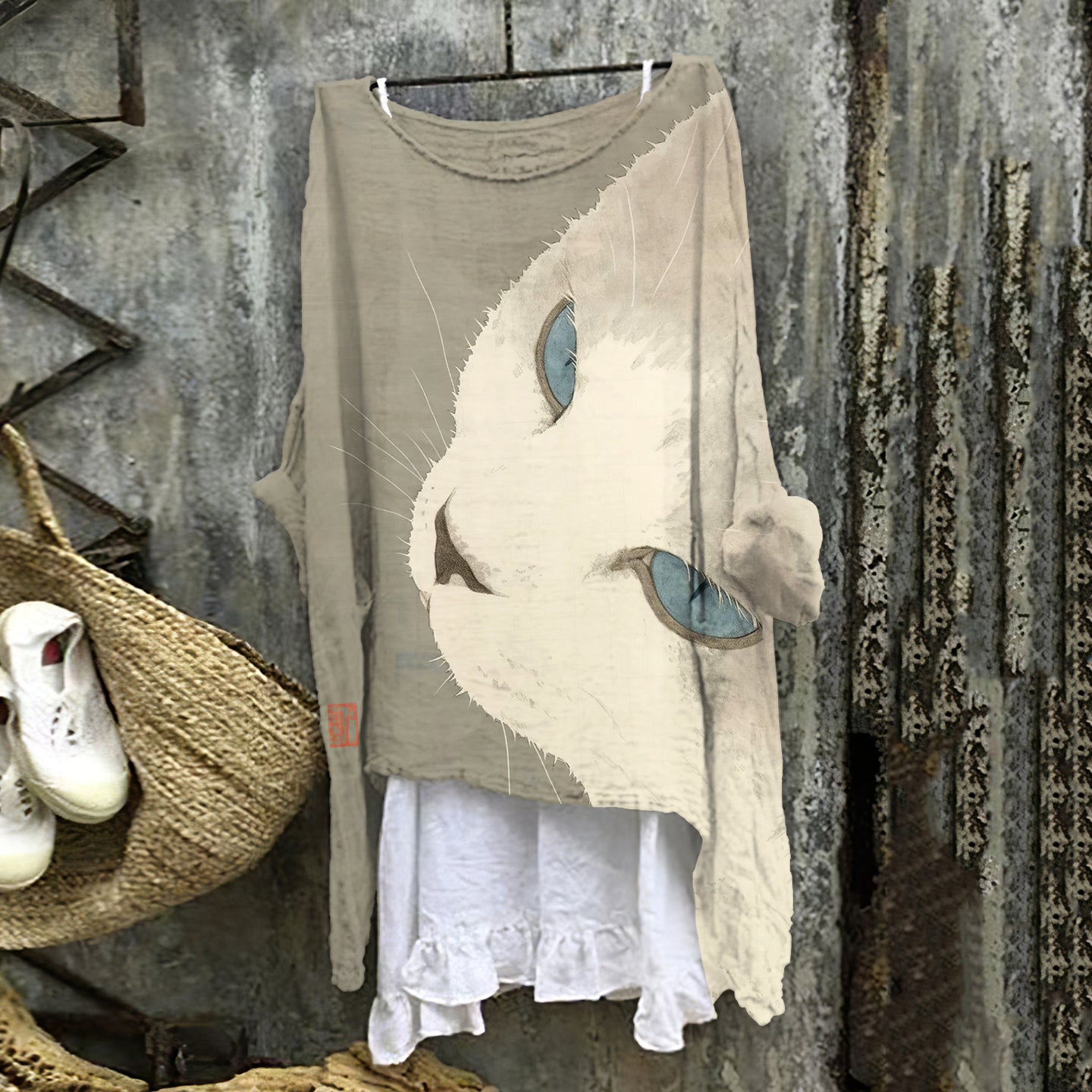 Women's Vintage Cat Art Print Cotton And Linen Shirt elevenforest