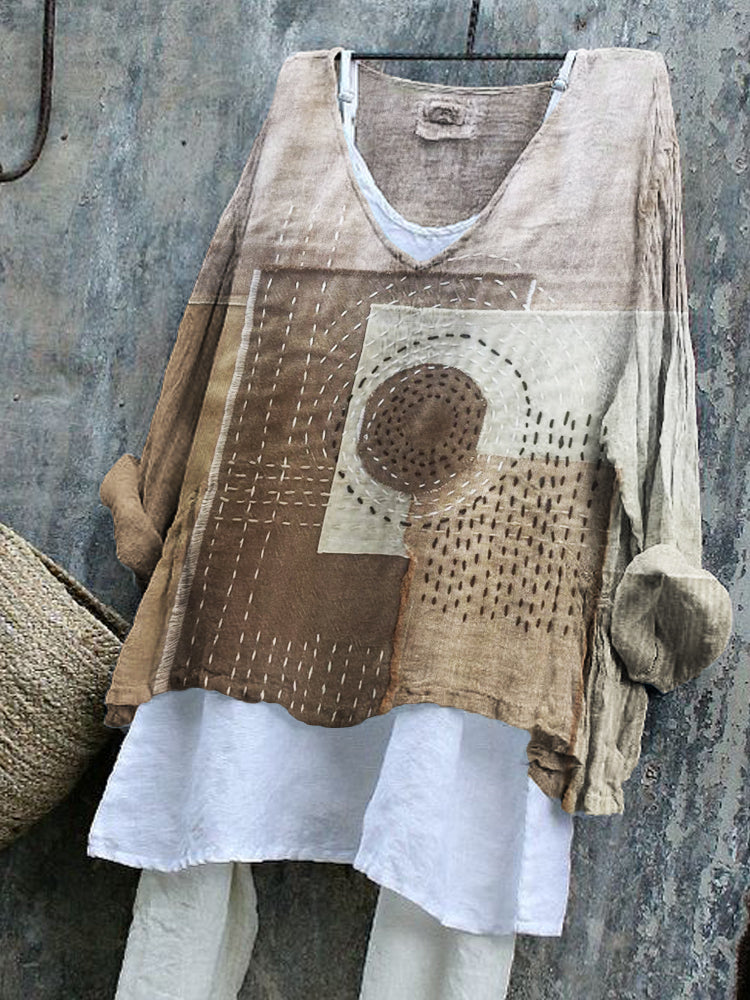 Comstylish Japanese Sashiko Art Geometric Patchwork Linen Blend Tunic