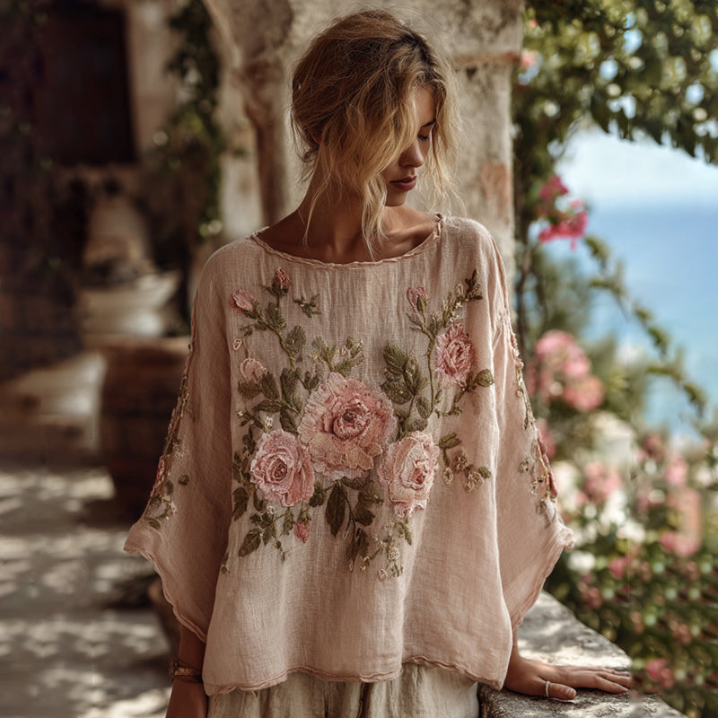 Comstylish Vintage Pink Floral Pattern Linen V Neck T-shirt