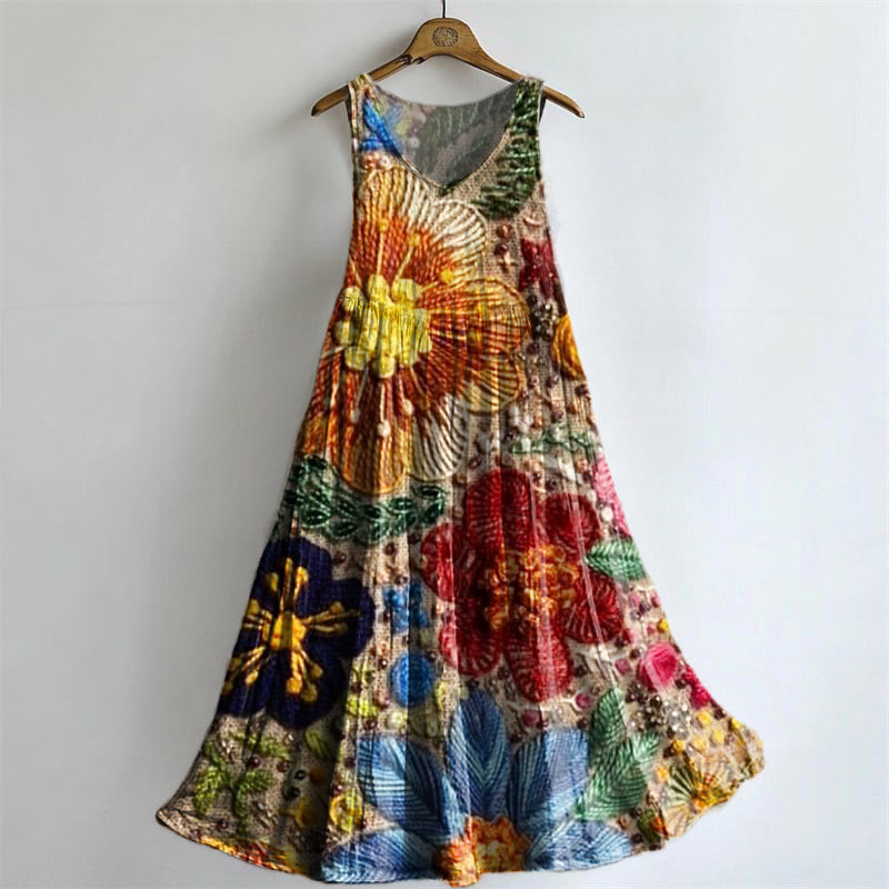 Women's Vintage Bohemian Floral Art Print Crew Neck Sleeveless Cotton