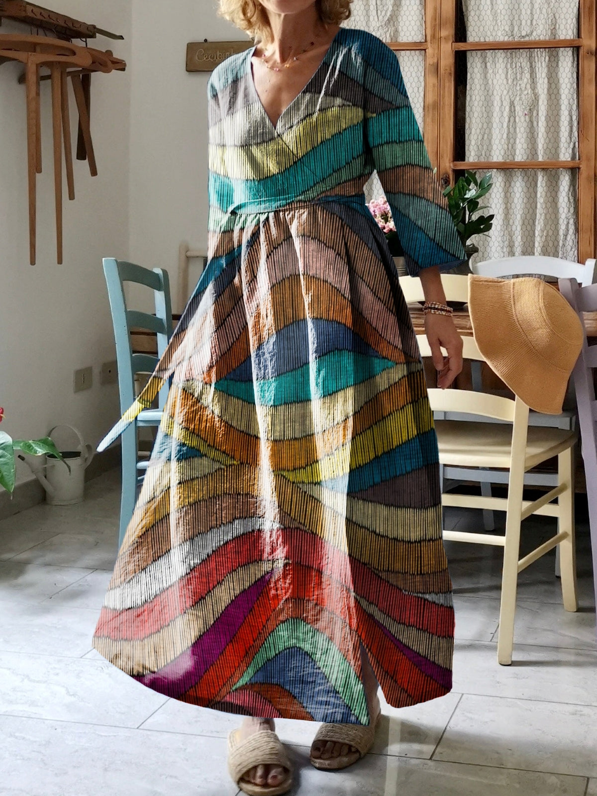 Women's Colorful Waves Art Print V-Neck Cotton Pocket Wrap Dress