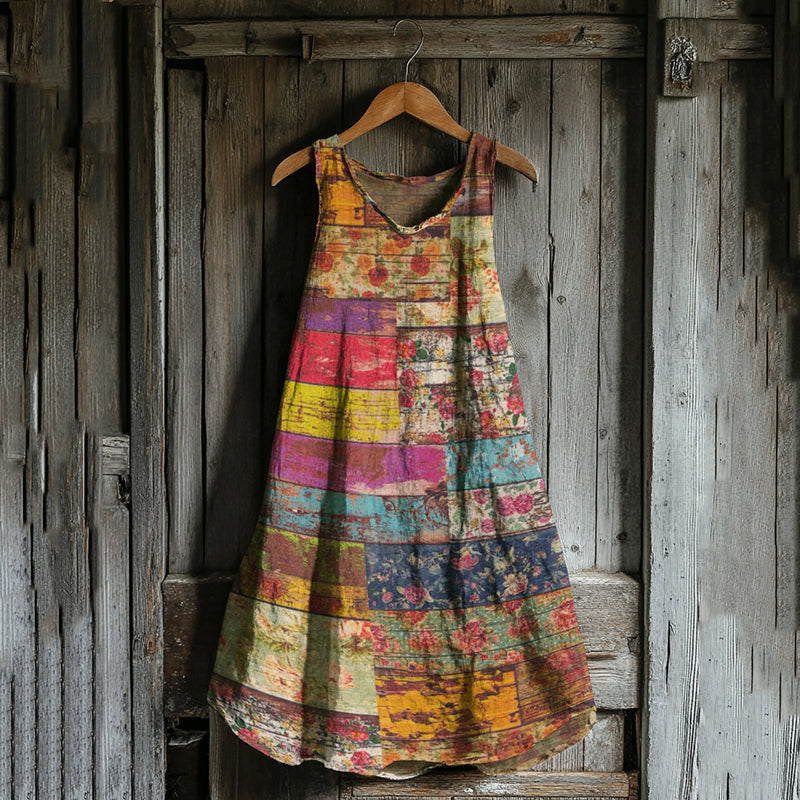 Vintage Floral Patchwork Art Linen Blend Tank Midi Dress artswardrobe