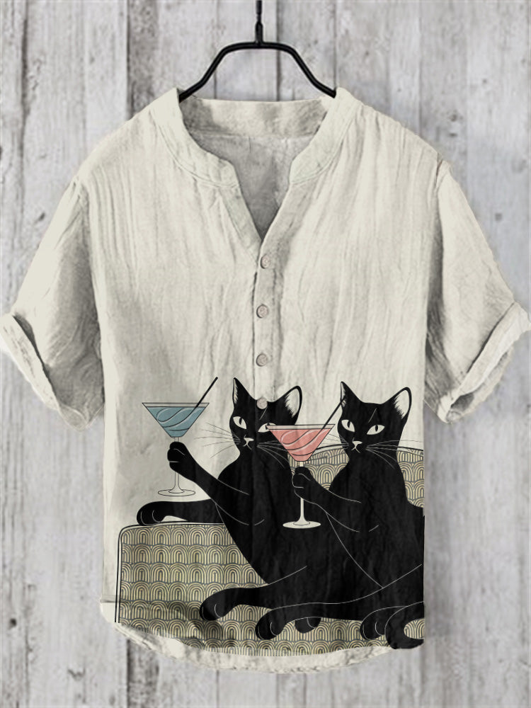 Cocktail Black Cats Print Casual Linen Blend Shirt elevenforest