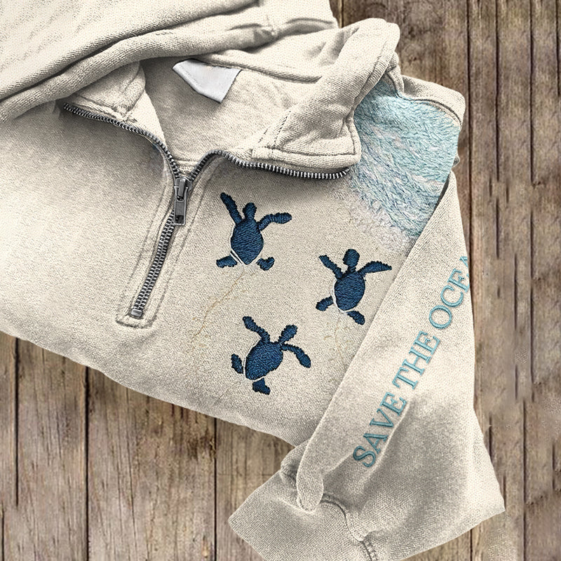Comstylish Save The Sea Life Embroidered Women's Zip-up Sweatshirt