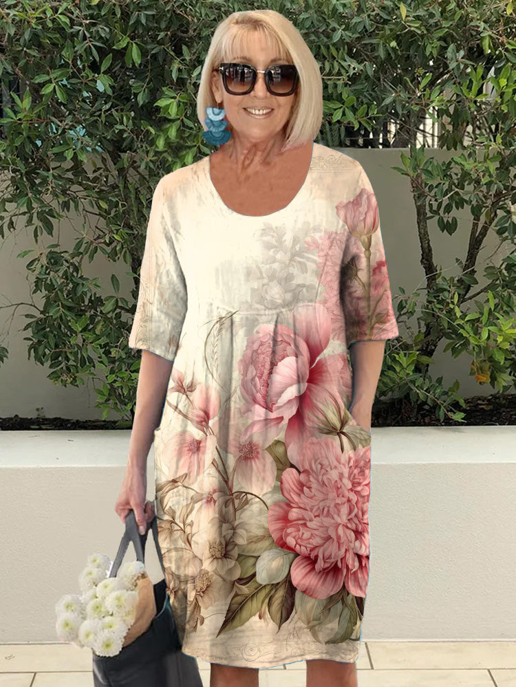 Vintage Chic Floral Print Pocket Midi Dress