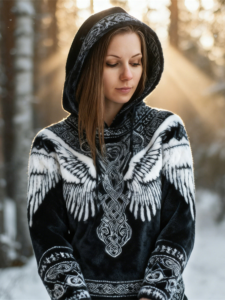Comstylish Viking Wings Design Women's Flannel Hooded Sweatshirt