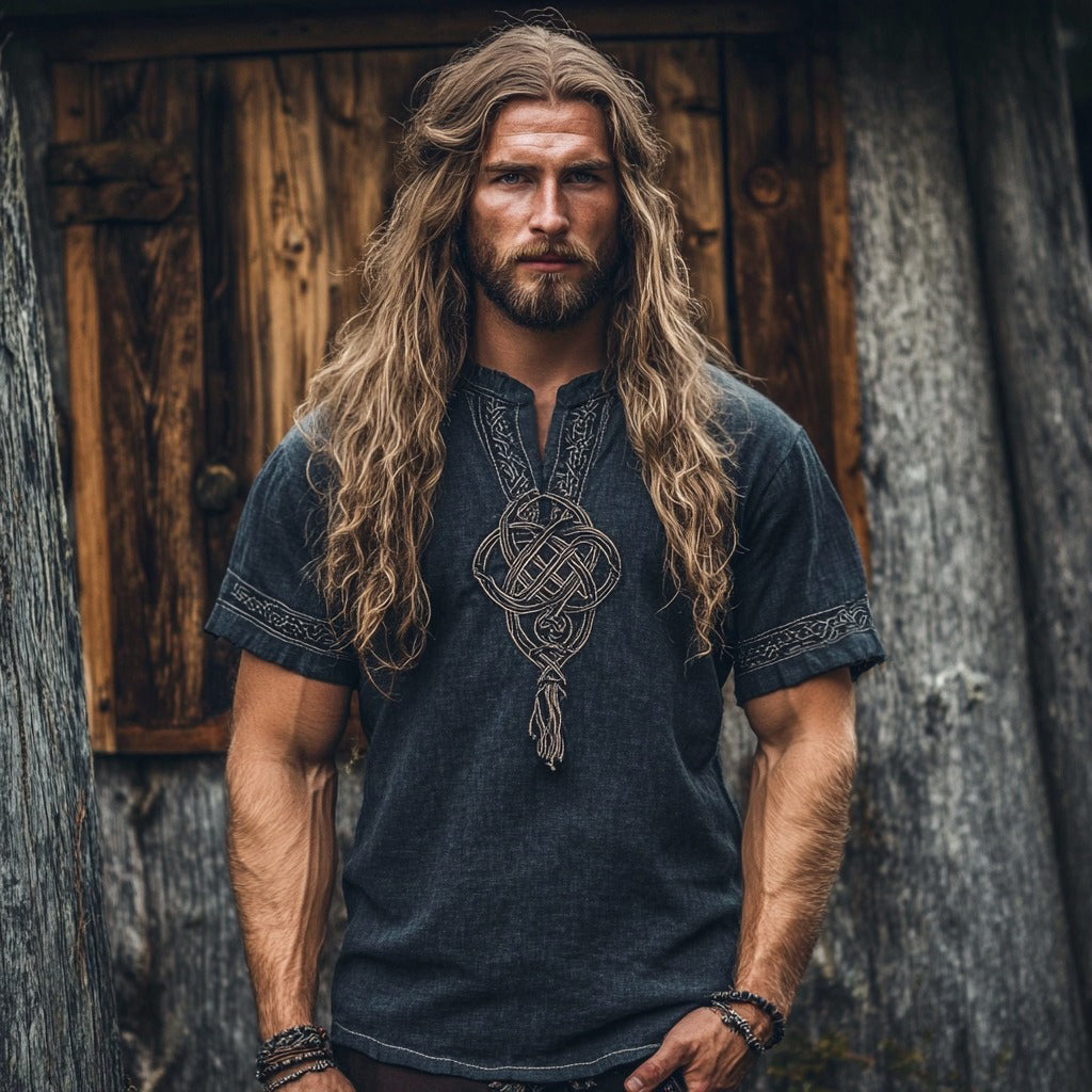 Men's Viking Tribal Celtic Embroidered Tassels Art Linen Shirt artswardrobe