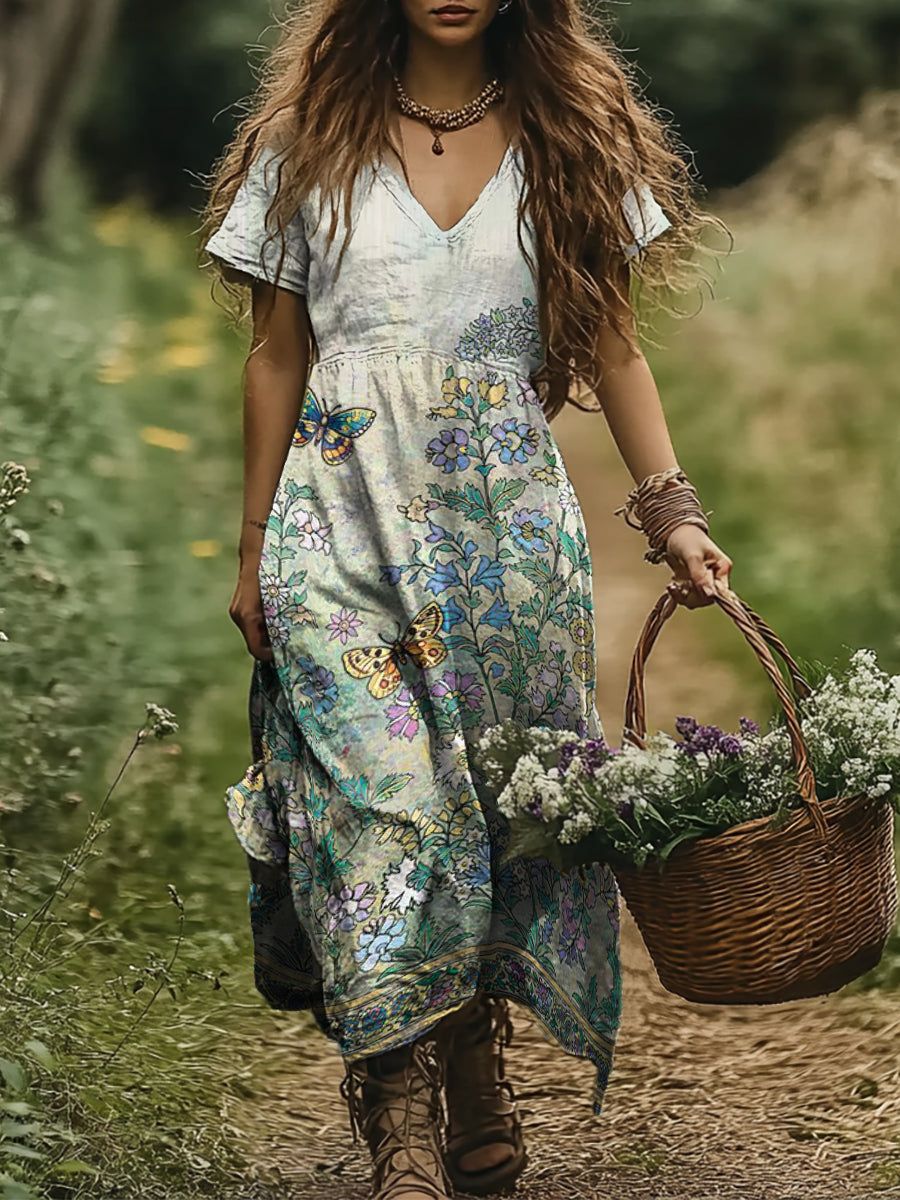 Women's Art Floral Butterfly Vintage Print V-Neck Dress