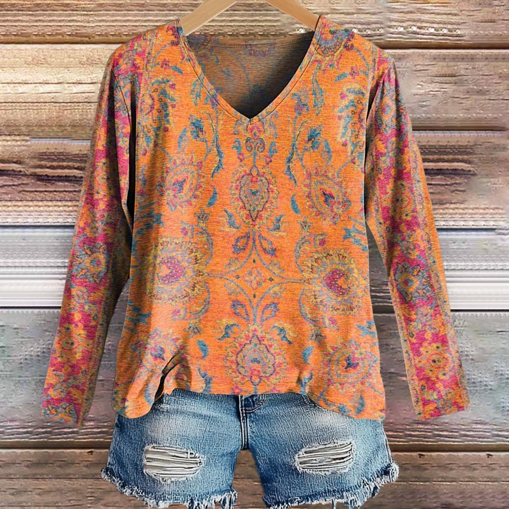 Women's Retro Ethnic Totem Art Print Casual V-neck Long Sleeve T-shirt