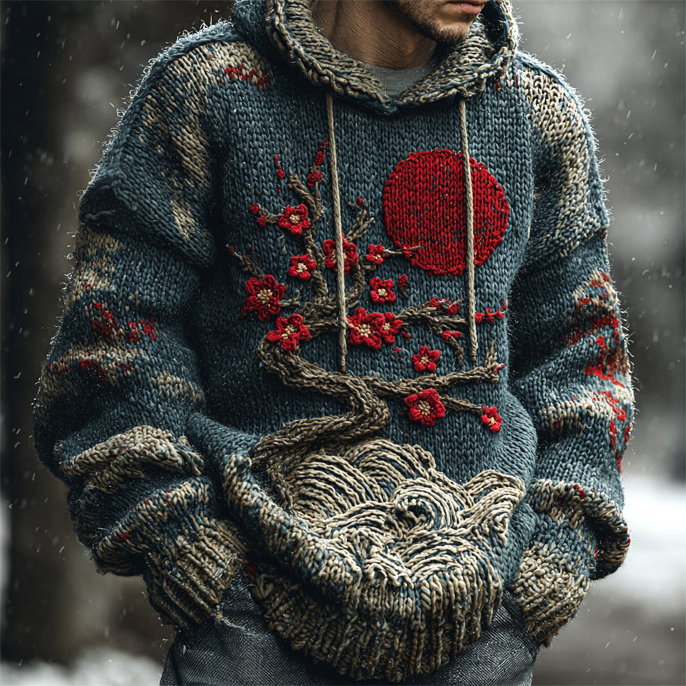 Vintage Japanese Floral & Red Sun Men's Knit Hooded Sweater artswardrobe