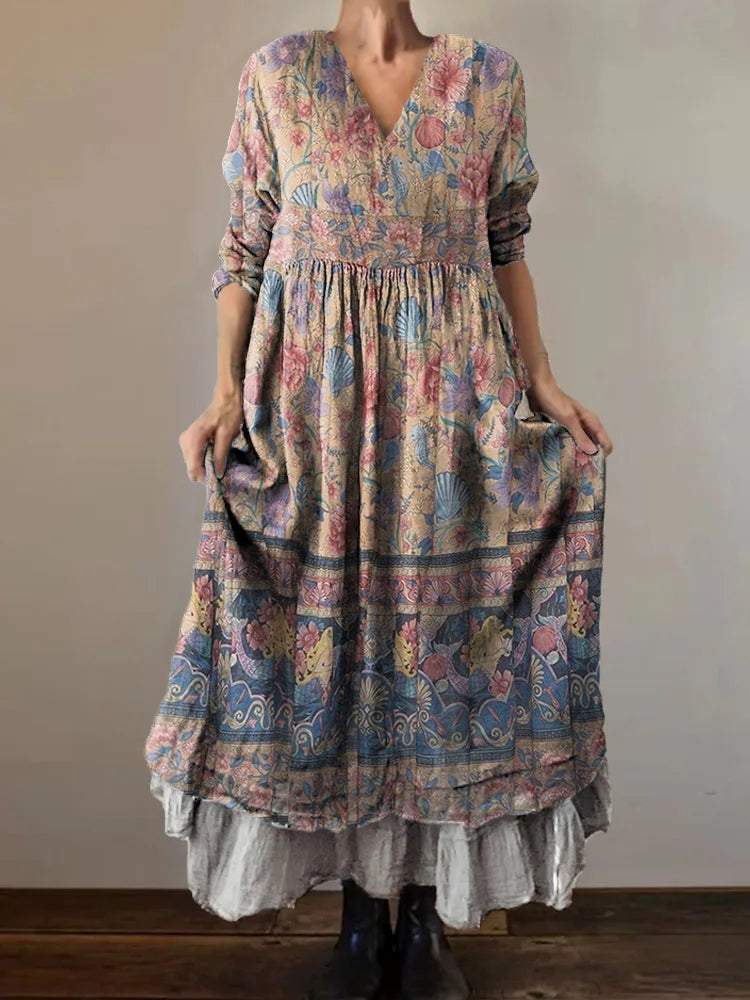 Women's Floral Art Print V-Neck Button Pocket Cotton Dress