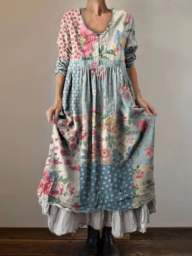 Women's Vintage Floral Patchwork Art Print V-Neck Button Pocket Cotton