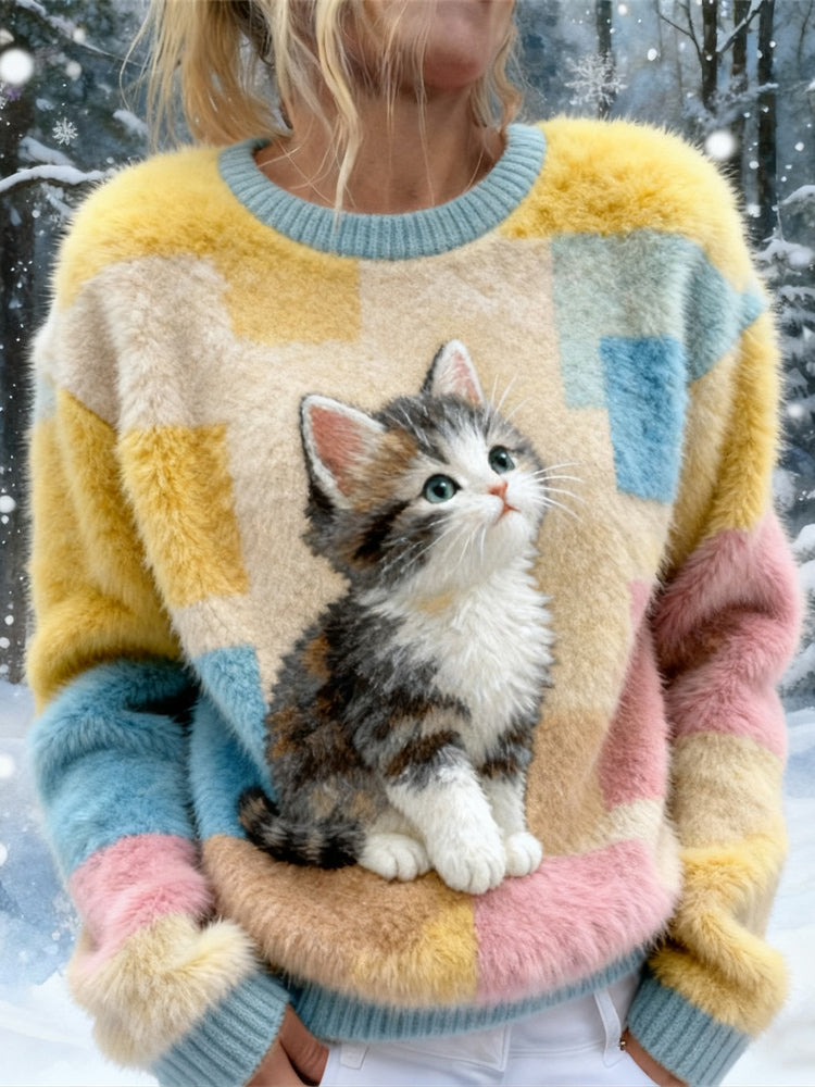 Comstylish Winter Cute Cat Colorful Block Design Women's Soft Plush Sweater