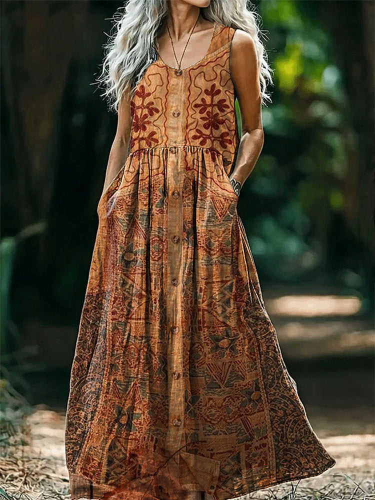 Women's Vintage Floral Embellished Pattern Art Print Round Neck Sleeve