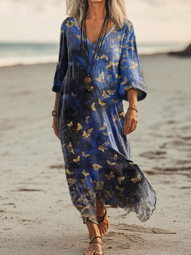 Women's Butterfly Pattern Art Print Pocket Cotton Dress