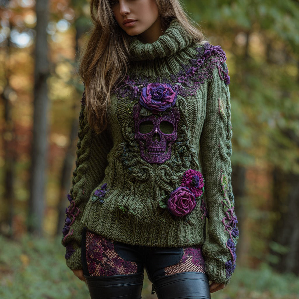 Women's Vintage Sugar Skull And Rose Knitted Jacquard Cozy Warm Turtleneck Sweater artswardrobe