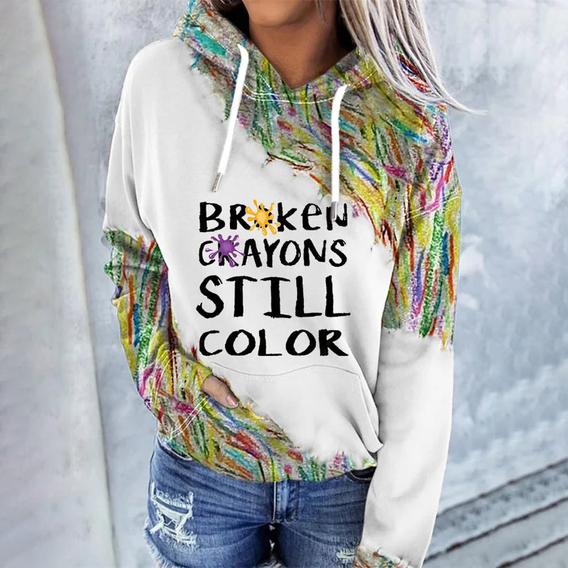 Comstylish Women's Broken Crayons Still Color Print Long Sleeve Hoodie