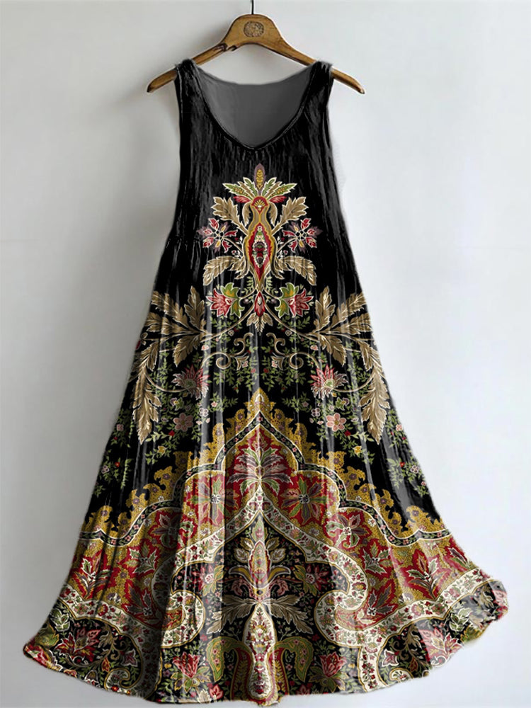 Women's Ethnic Totem Floral Art Pattern Print Sleeveless Cotton Pocket