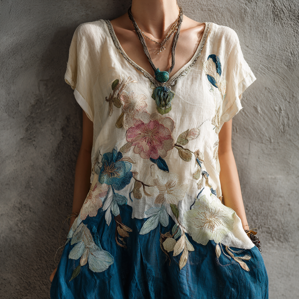 Comstylish Women's Vintage Floral Oil Painting Art Cotton And Linen Short Sleeve Dress