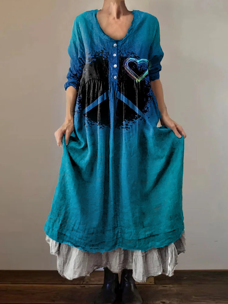 Women's Hippie Art Print V-Neck Button Pocket Cotton Dress