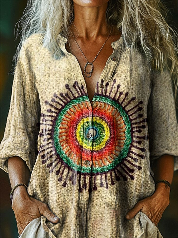 Women's Ethnic Tattoo Pattern Art Print Casual Cotton Linen Shirt
