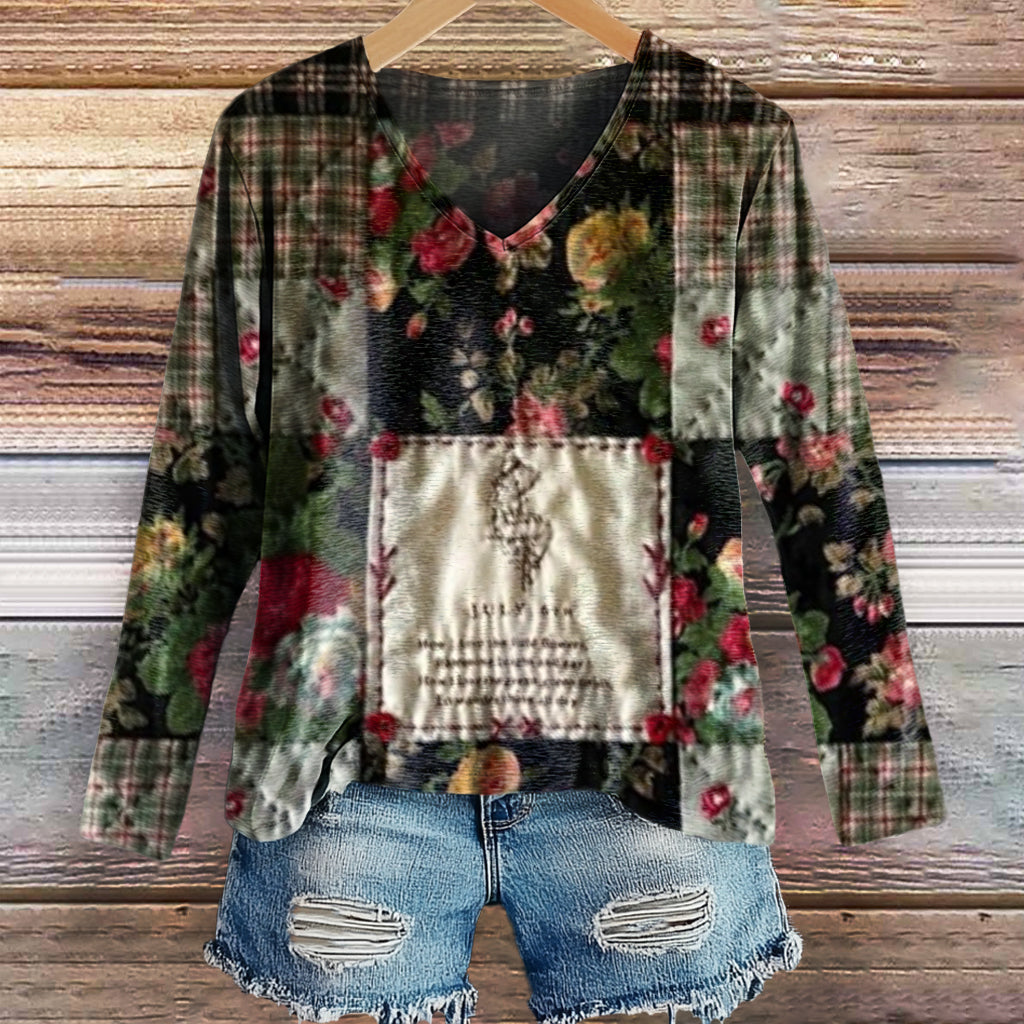 Women's Vintage Floral Art Print Casual V-neck Long Sleeve T-shirt