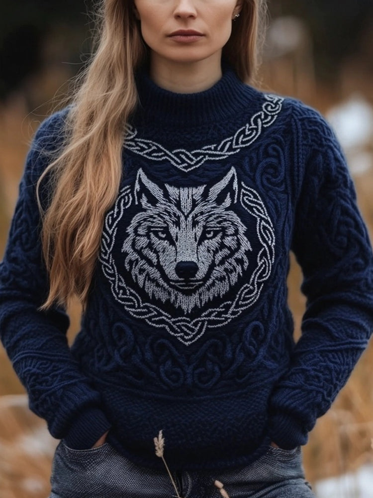 Viking Wolf Inspired Celtic Jacquard Cozy Chunky Sweater artswardrobe