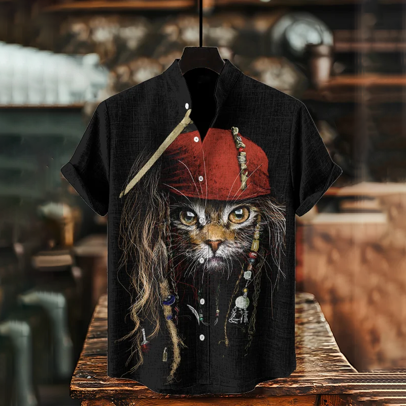 Men's Vintage Pirates Of The Caribbean Cats Art Linen Blend Cozy Shirt elevenforest