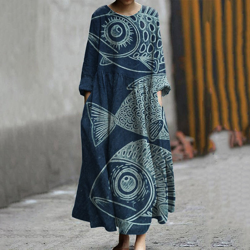 Comstylish Vintage Japanese Art Fish Print Loose Maxi Dress
