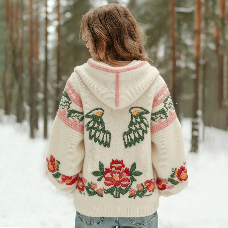 Comstylish Women's Wing And Floral Patterned Comfortable Winter Hooded Sweater